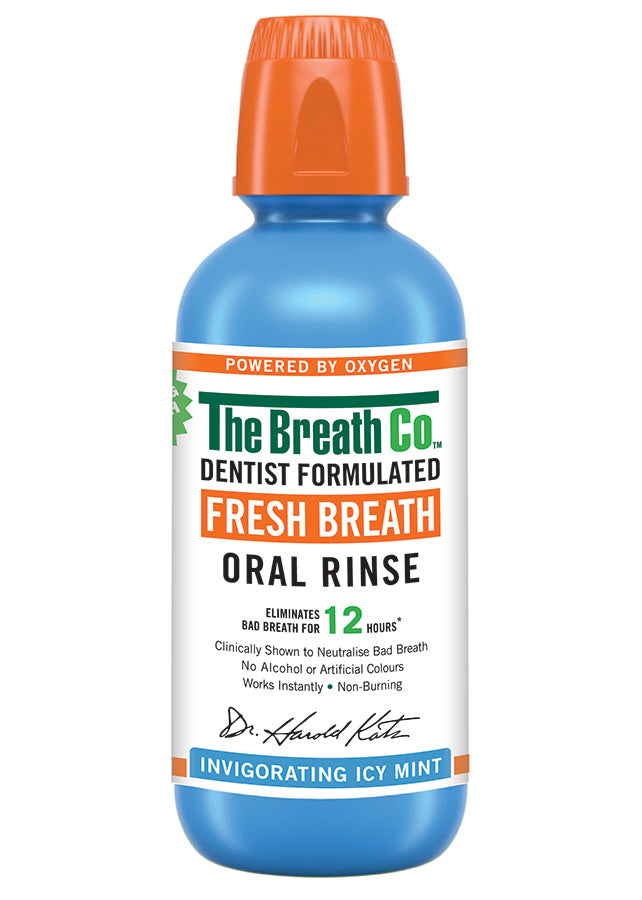 The Breath Co Icy Mint mouthwash bottle, 500ml, featuring a sleek design and mint flavor for fresh breath.