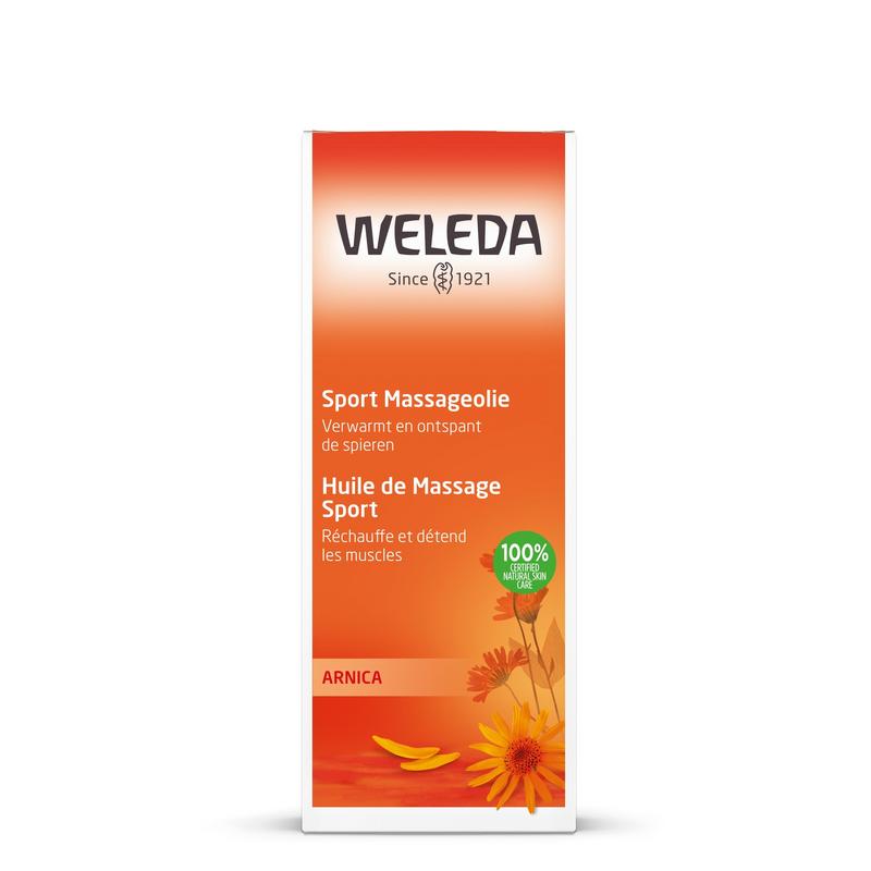 Weleda Arnica sport massage oil bottle, 100ml, for body care and muscle relief, with natural herbal ingredients.