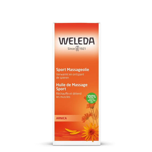 Weleda Arnica sport massage oil bottle, 100ml, for body care and muscle relief, with natural herbal ingredients.