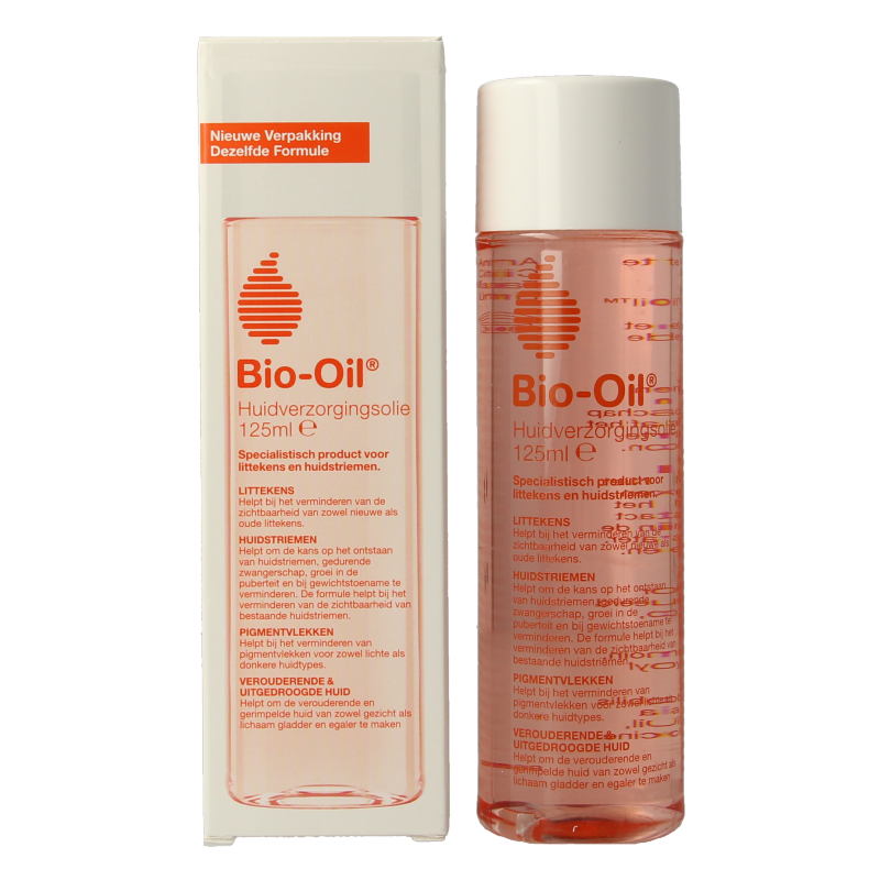 Bio Oil body care oil in 125ml bottle, showing clear liquid and packaging for skin moisturizing and nourishment.