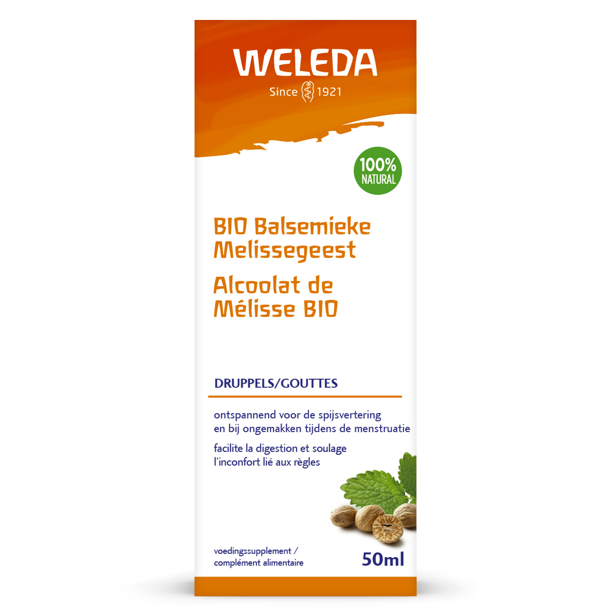 Weleda Balsemieke melissegeest bio herbal extract in a 50ml bottle, used as a natural herbal preparation for wellness.