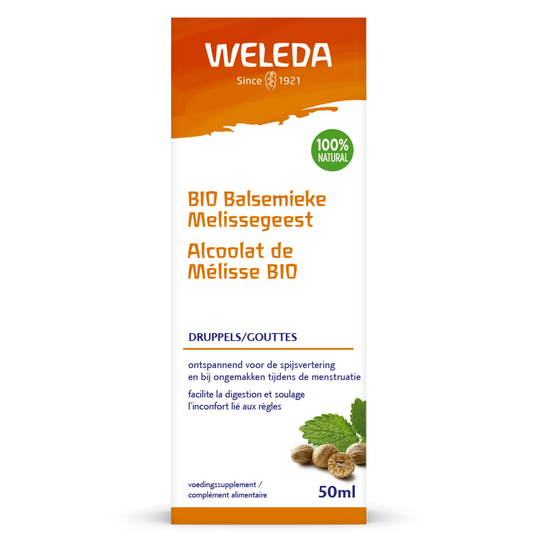 Weleda Balsemieke melissegeest bio herbal extract in a 50ml bottle, used as a natural herbal preparation for wellness.
