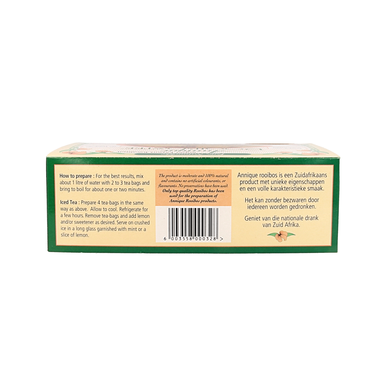 Annique Rooibosthee box with 80 tea bags, featuring red rooibos leaves and tea packaging with branding and product details.
