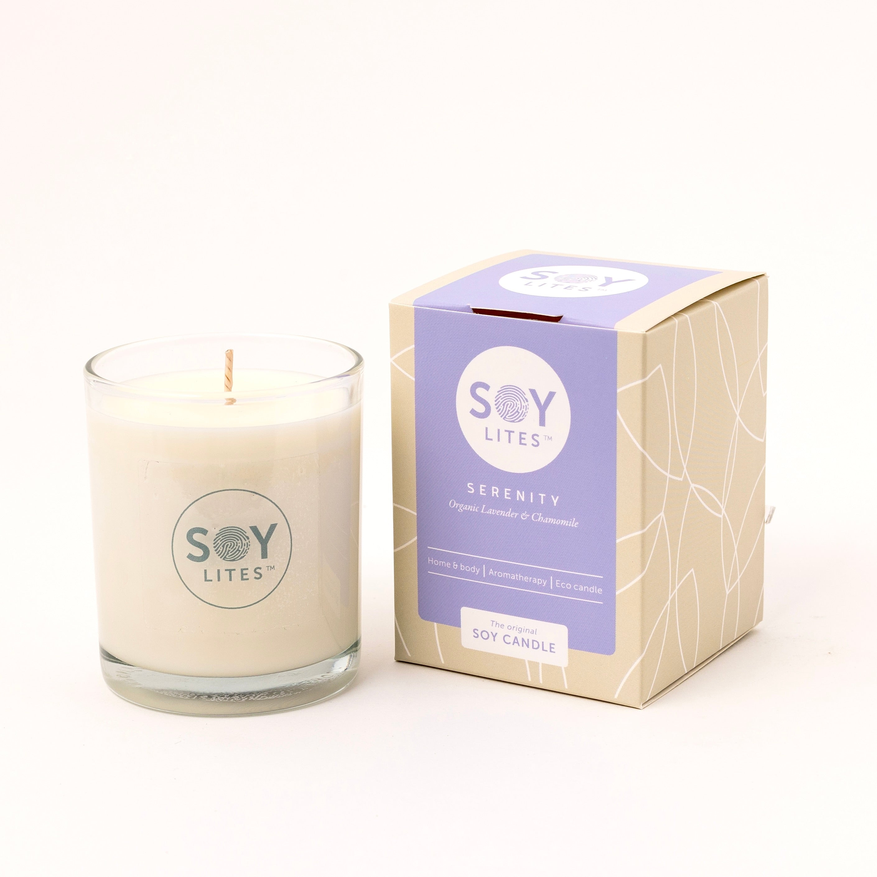 Soylites Soja geurkaars Serenity in 70ml glass container with a white wick, designed for a calming aromatic ambiance.