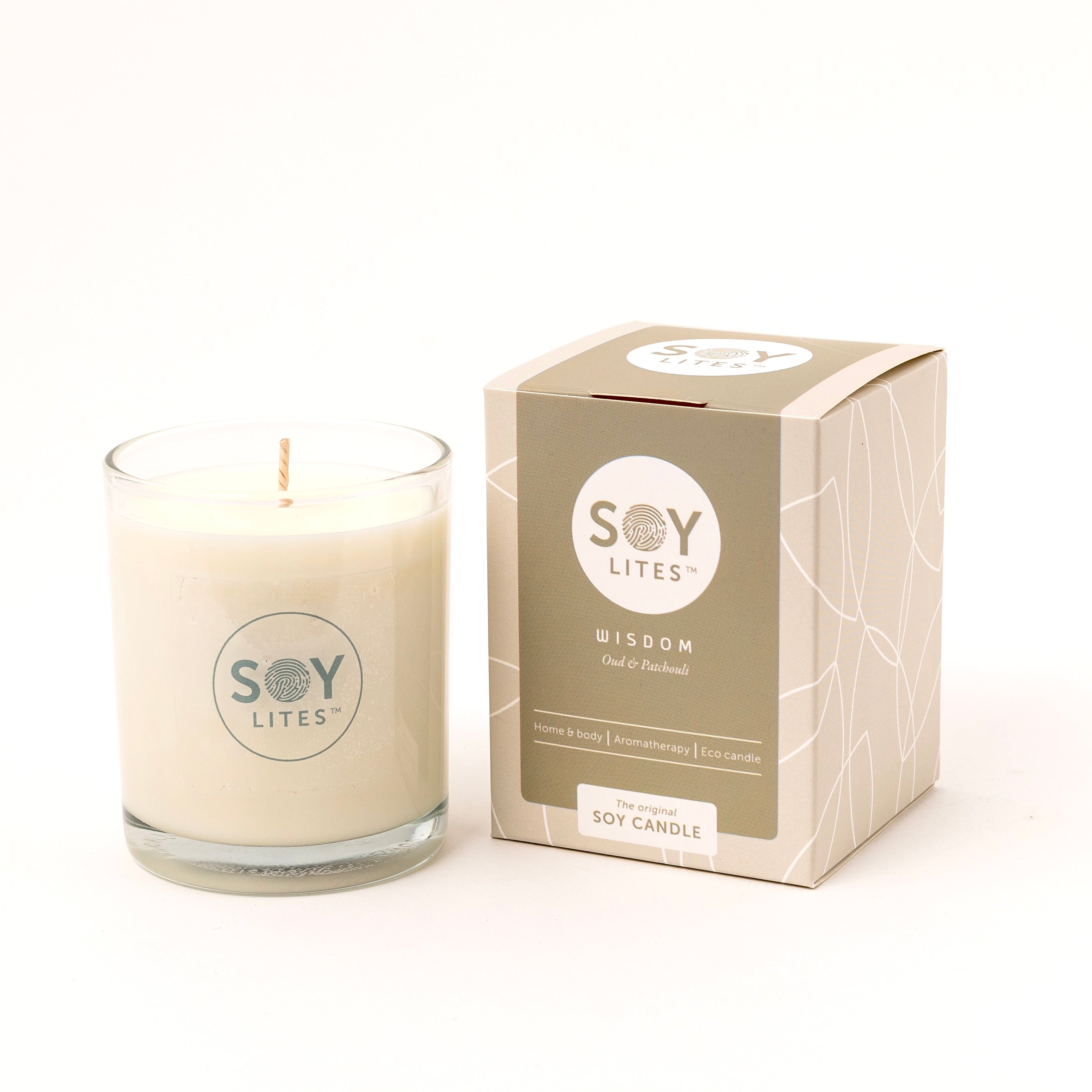 Soylites Wisdom soy candle in a 70ml glass jar, featuring a natural wax finish and a wooden wick for a cozy aroma.