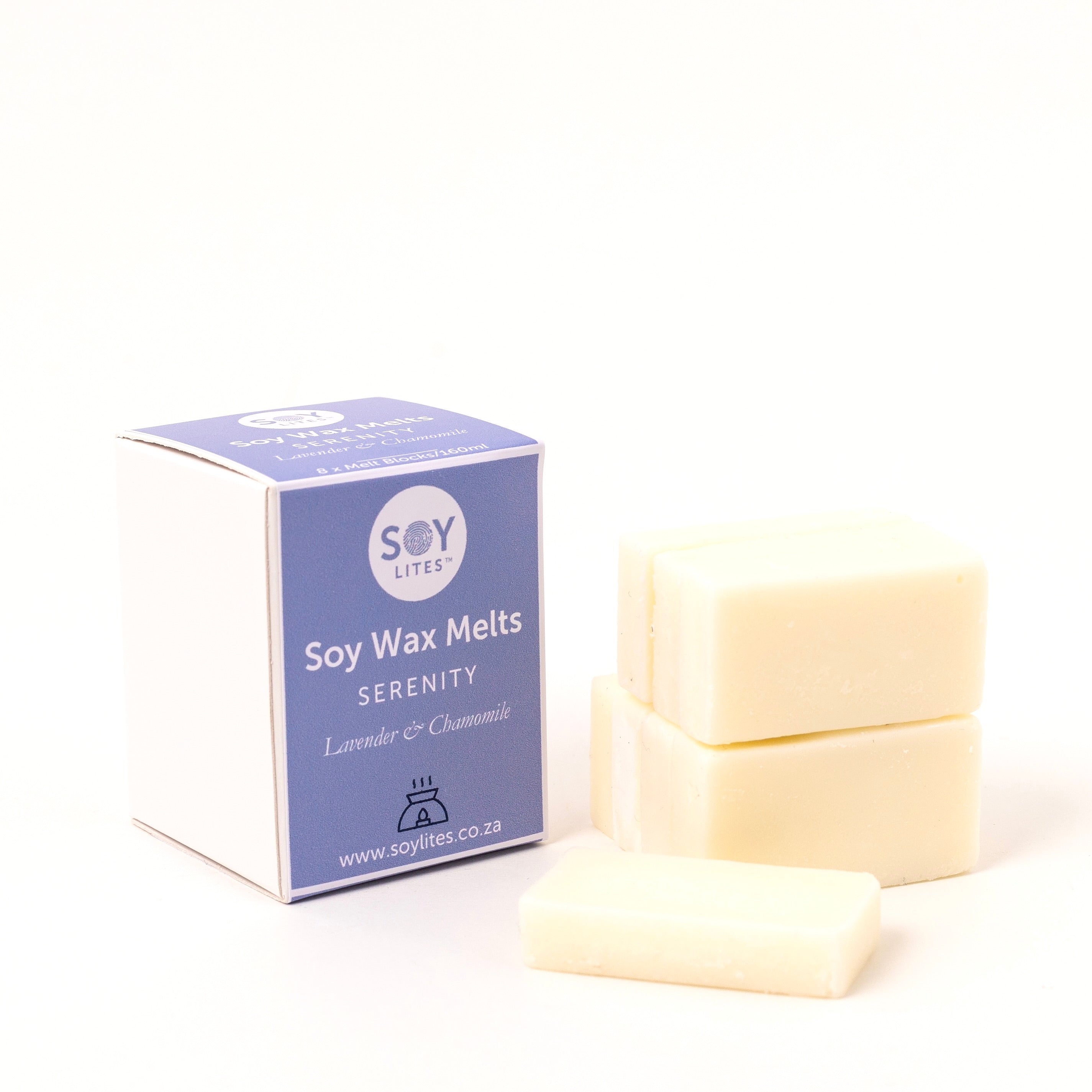 Soylites soy wax melts in serenity scent, 8-piece set, showing individual wax melt pieces in a clear container.