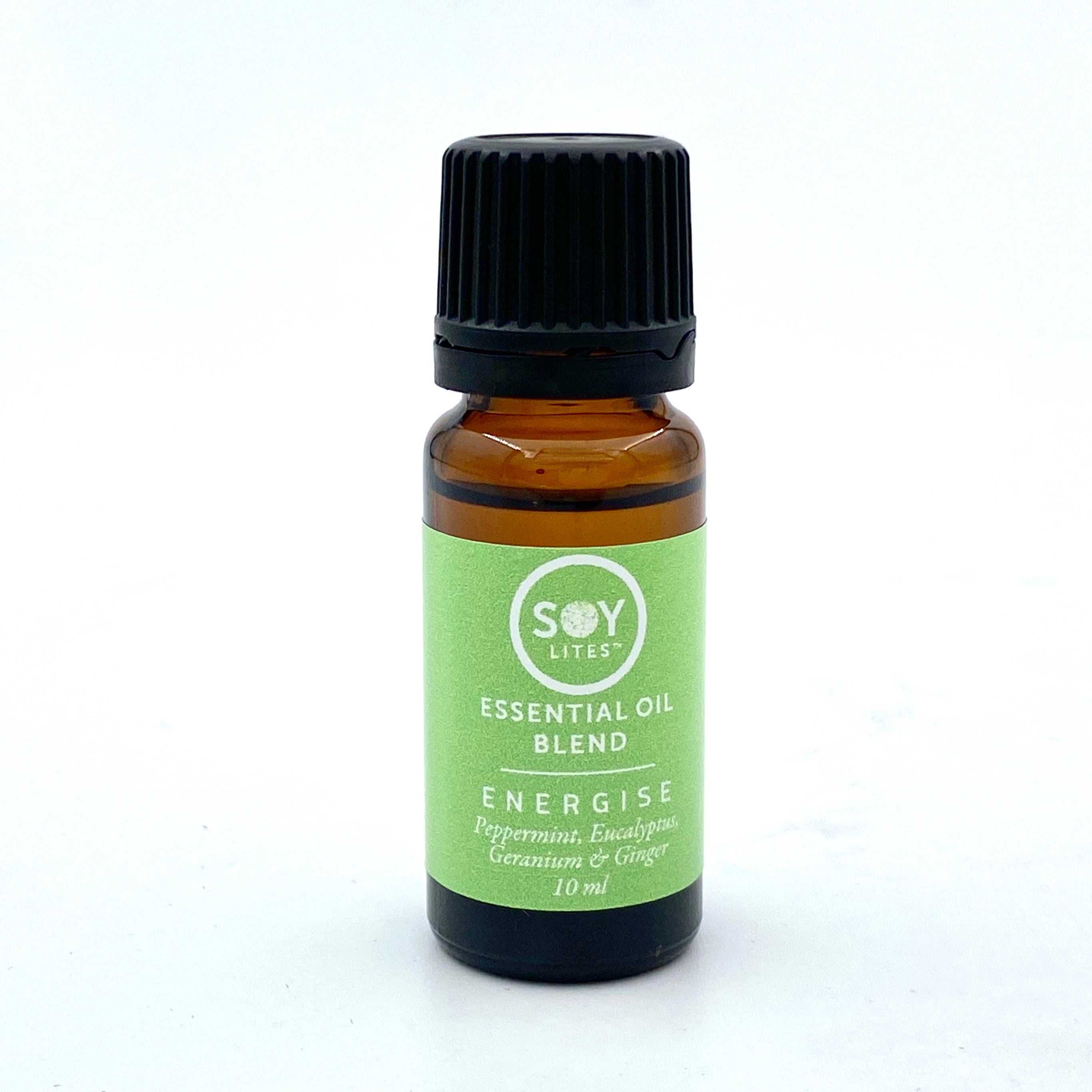 Soylites Energise essential oil bottle, 10ml, natural therapeutic essential oil for revitalizing aromatherapy use.