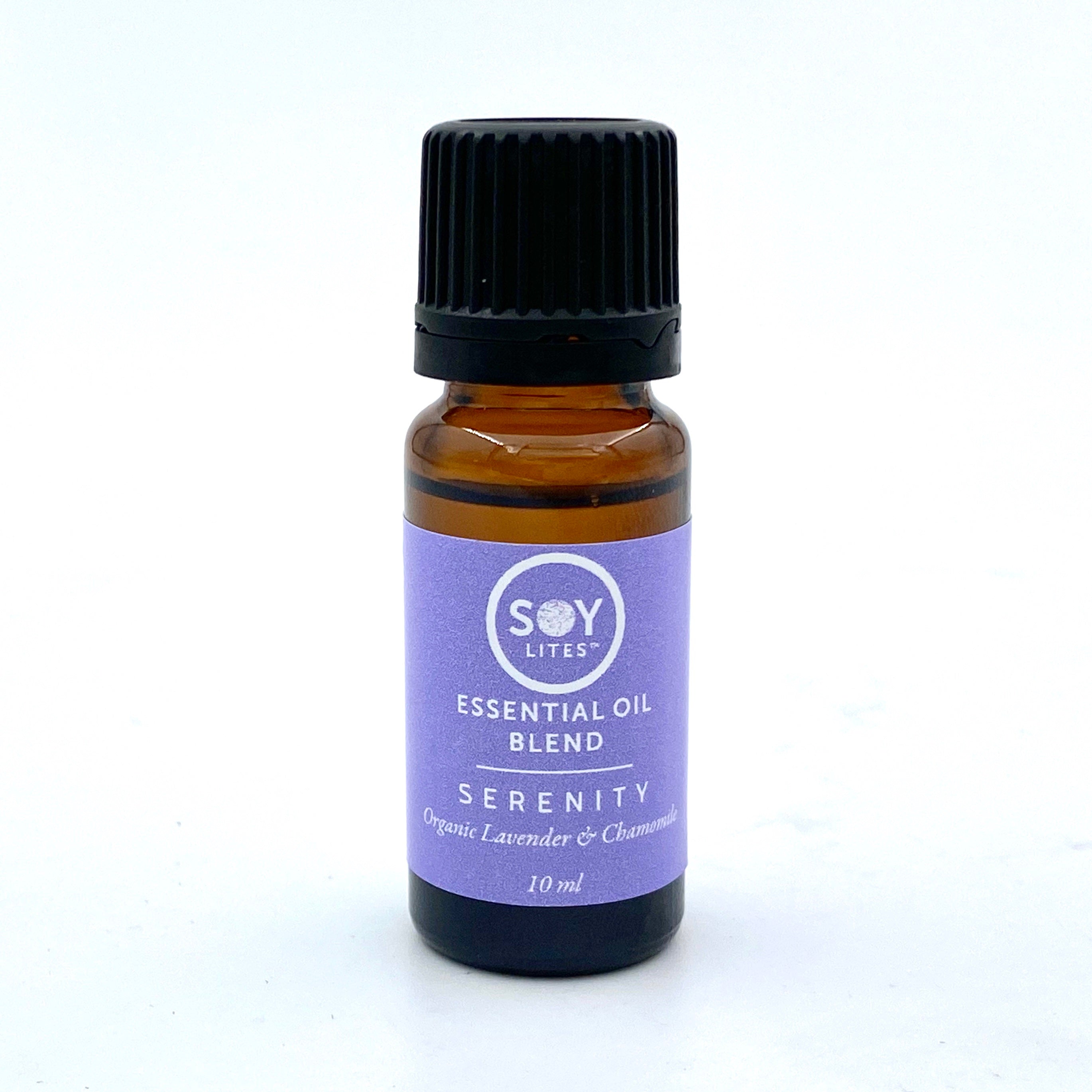 Soylites Serenity essential oil 10ml bottle, natural etherische olie with calming aroma, in clear glass bottle with white cap.