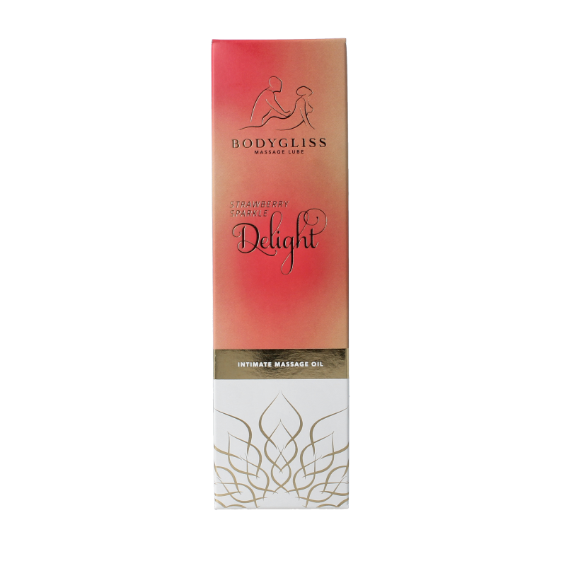 Bodygliss champagne strawberry massage oil bottle showing silky soft texture and elegant packaging for body care.
