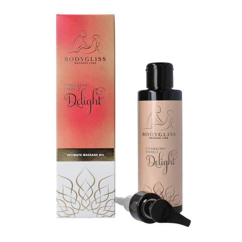 Bodygliss silky soft massage oil with champagne and strawberry scent in a 150ml bottle, showing the elegant packaging and product label.