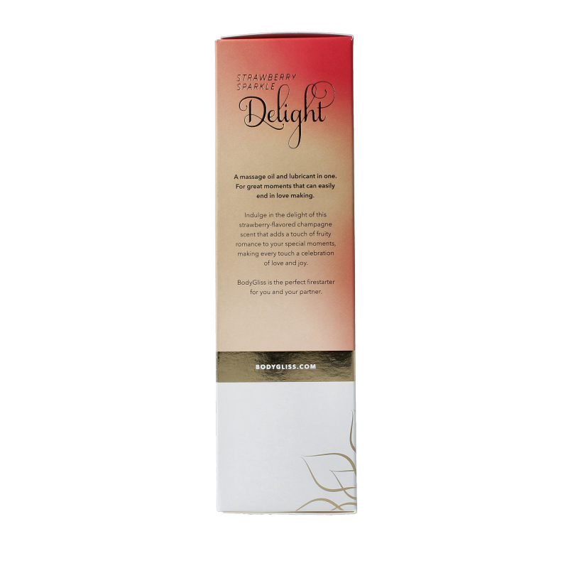 Bodygliss champagne strawberry silky soft massage oil in 150ml bottle, featuring a smooth, luxurious texture for body care.