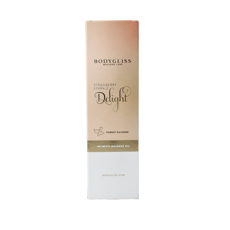 Bodygliss champagne strawberry silky soft massage oil bottle showing the 150ml packaging and elegant design.