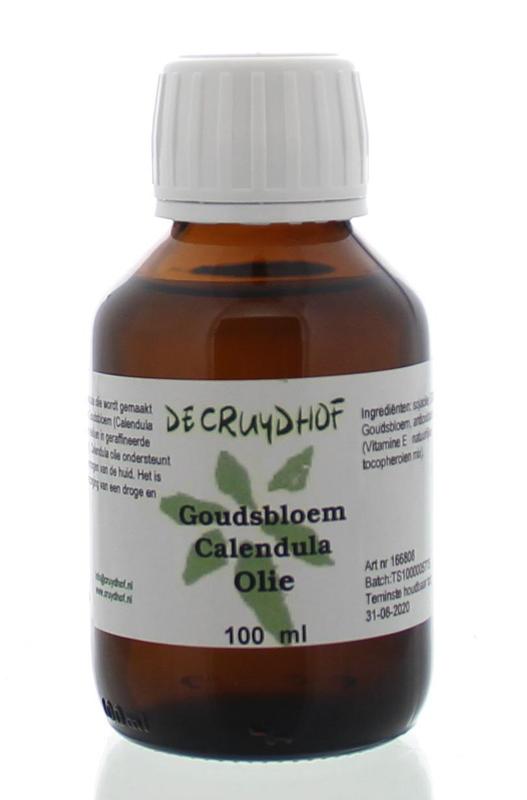 Cruydhof Calendula oil in 100ml bottle, a natural body care product with fresh calendula flowers and golden oil.