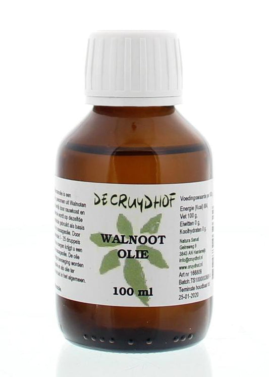 Cruydhof Walnootolie 100ml bottle of walnut oil in a clear glass bottle with a label, showcasing natural walnut oil for cooking and health.