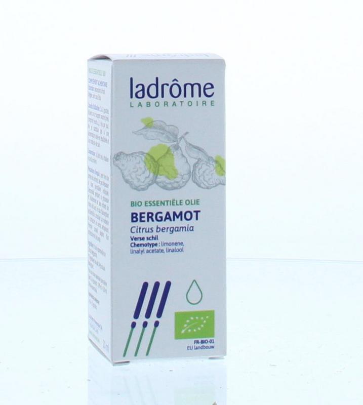 Ladrome Bergamote biologische olie in 10ml bottle, herbal supplement with fresh bergamot citrus aroma.