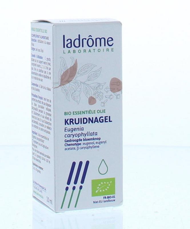 Ladrome bio kruidnagel olie in 10ml bottle, herbal preparation with cloves for natural herbal remedies.