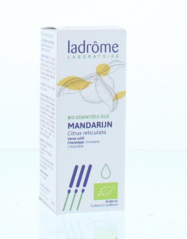 Ladrome Mandarijn olie bio in 10ml bottle, natural herbal preparation with fresh mandarin citrus aroma.