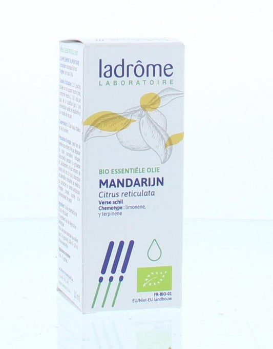 Ladrome Mandarijn olie bio in 10ml bottle, natural herbal preparation with fresh mandarin citrus aroma.