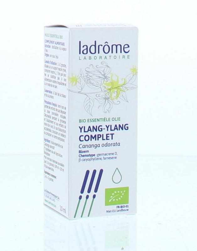 Ladrome Ylang Ylang bio essential oil bottle, 10ml, in a clear glass container with a label, on a white background.