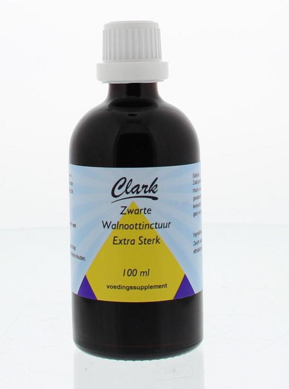 Clark Zwarte walnoottinctuur extra sterk in 100ml bottle, herbal supplement from Clark brand, showing dark liquid in glass container.