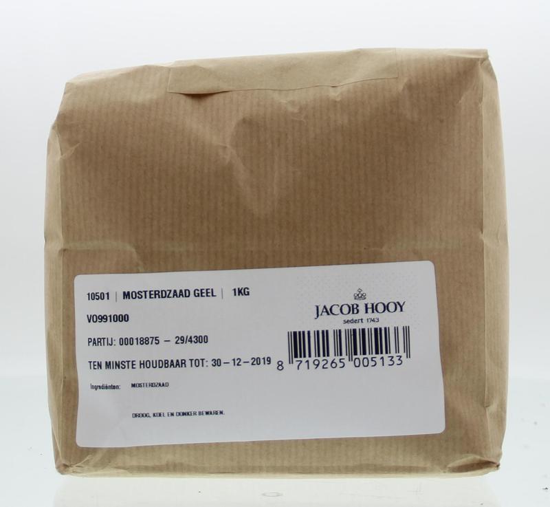 Yellow mustard seeds from Jacob Hooy in a 1 kilogram bag, used as herbs, spices, and cooking ingredients.