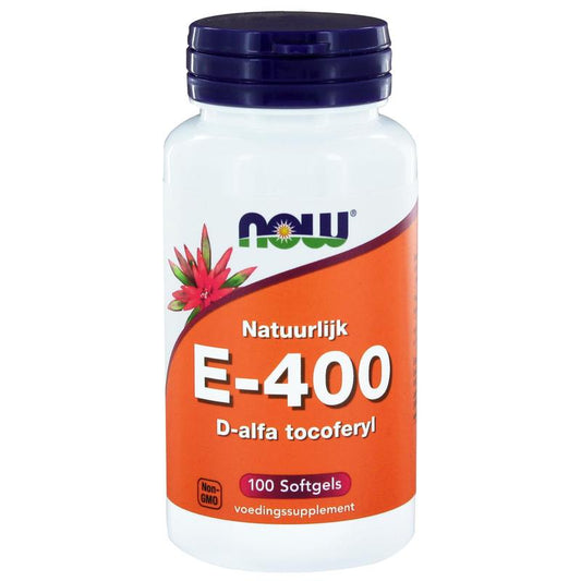 NOW Vitamin E-400 d-alpha tocopherol softgels, 100-count, close-up of the orange softgel capsules in bottle.