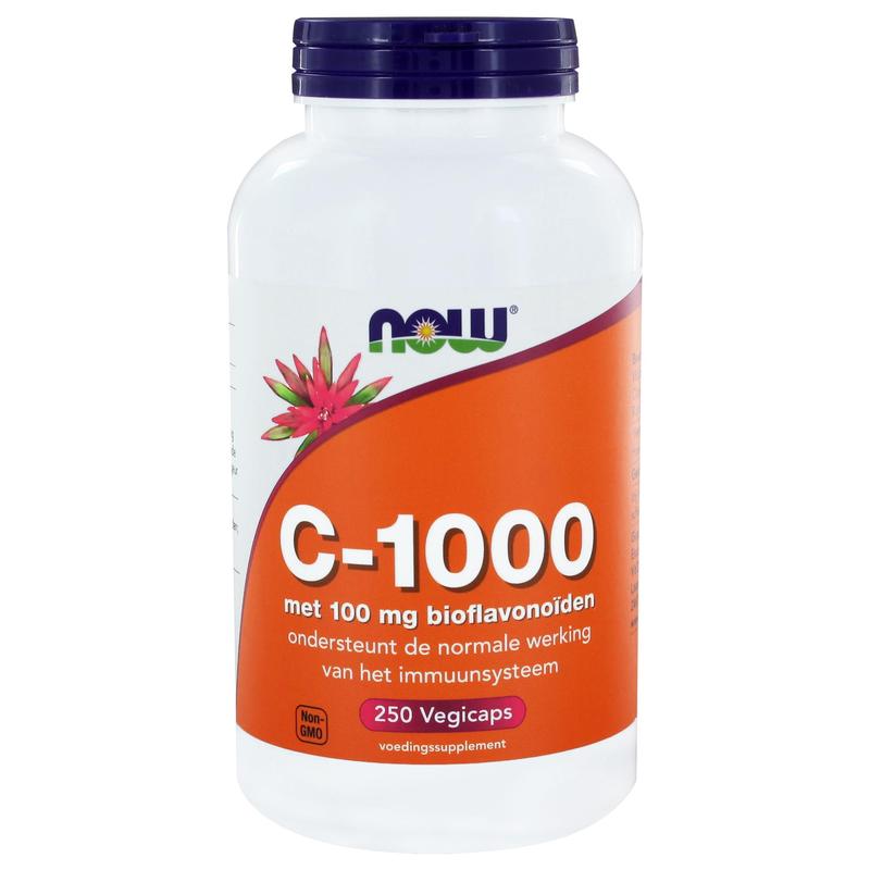 NOW Vitamin C 1000mg with bioflavonoids in 250 vegetarian capsules, showing the supplement bottle and capsules.