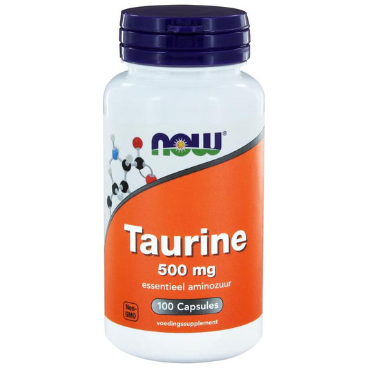 NOW Taurine 500mg vegetarian capsules, amino acids supplement, shown in a clear container with capsules inside.