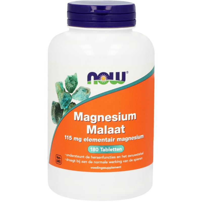 NOW Magnesium Malate 113mg supplement tablets, dietary mineral complex in blister pack, natural mineral health support.