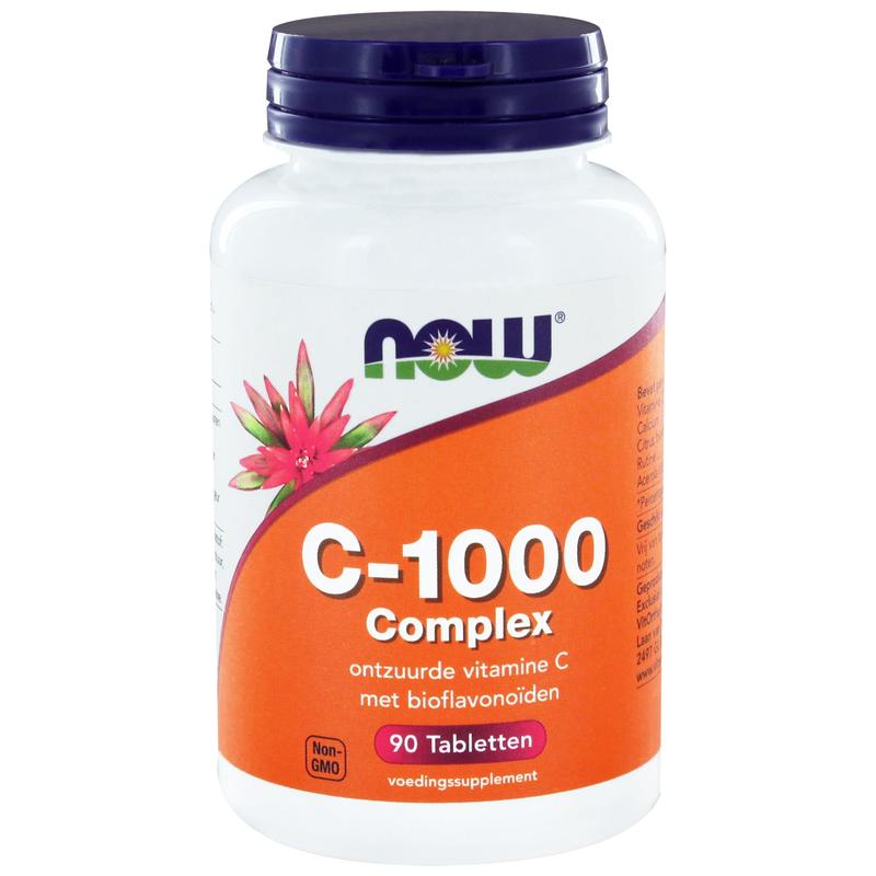 NOW Vitamine C 1000 mg complex supplement in a bottle with 90 tablets, featuring a white label with blue and red accents.