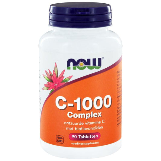 NOW Vitamine C 1000 mg complex supplement in a bottle with 90 tablets, featuring a white label with blue and red accents.