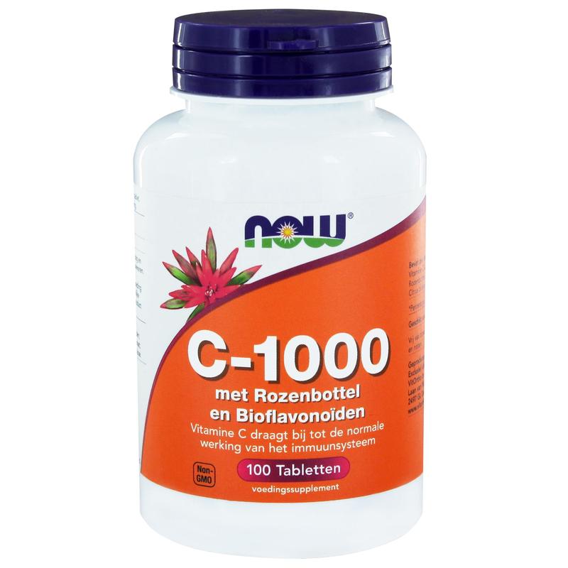 NOW Vitamin C-1000 tablets with rosehip and bioflavonoids, showing a bottle of dietary vitamin supplements.
