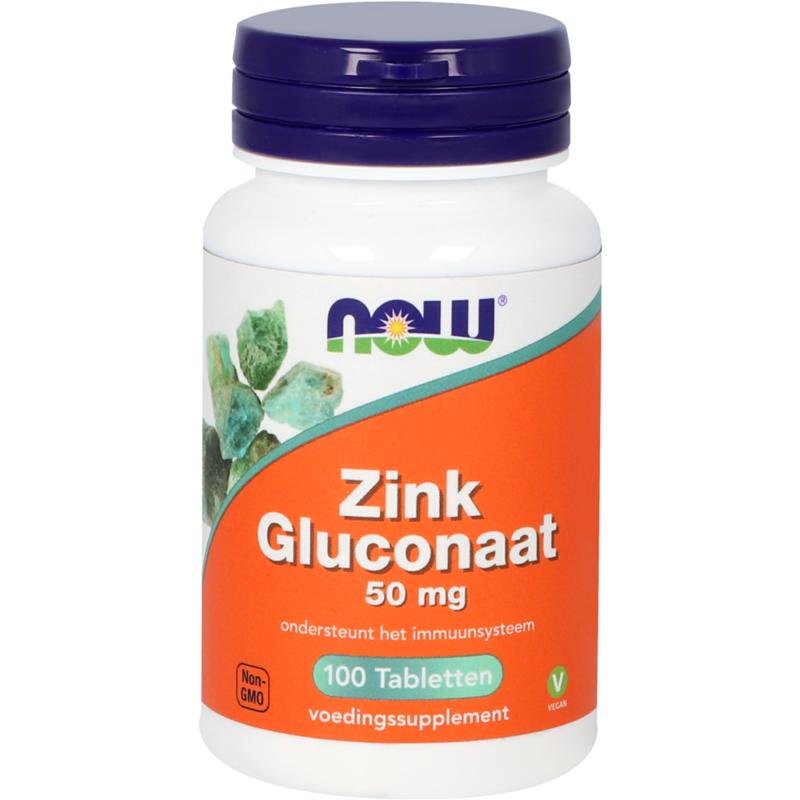 NOW Zink gluconaat 50mg mineral supplement tablets, 100 count, showing the white tablets in a blister pack.