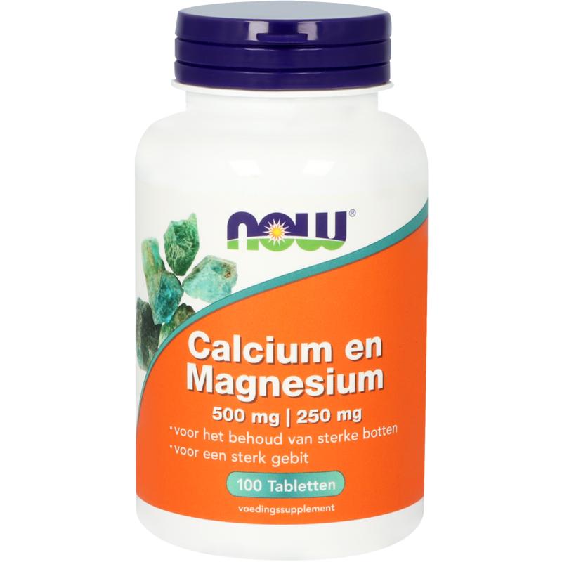 NOW Calcium 500mg and magnesium 250mg mineral tablets, 100 count, natural supplement for bone health and muscle support.