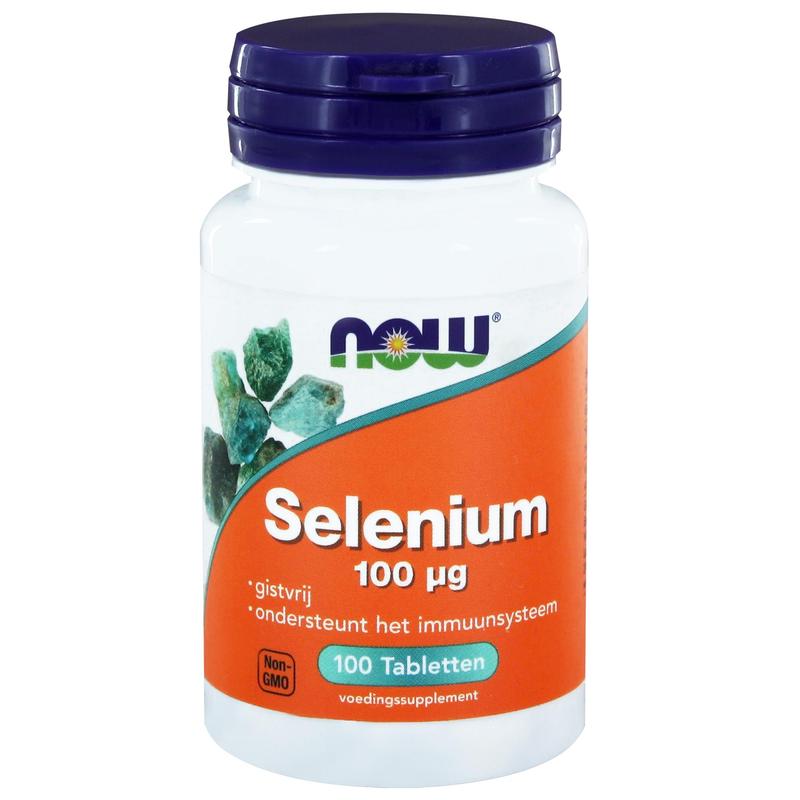 NOW Selenium gistvrij 100mcg mineral supplement bottle with 100 tablets, showing the label and product packaging.