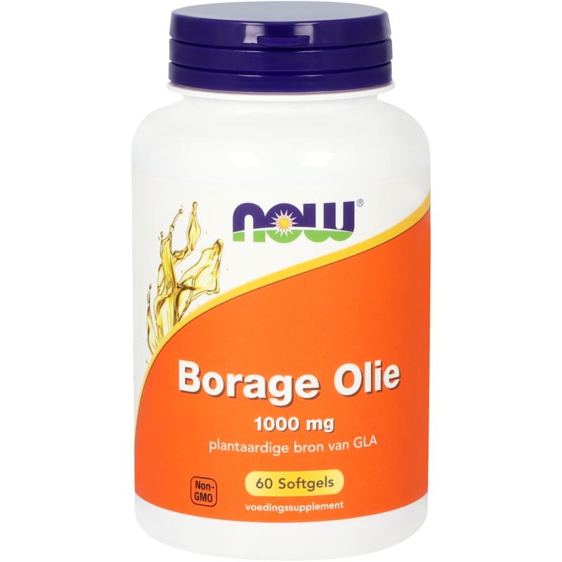 NOW Borage Oil 1000mg softgels, dietary supplement containing omega fatty acids, shown in a bottle with softgel capsules.