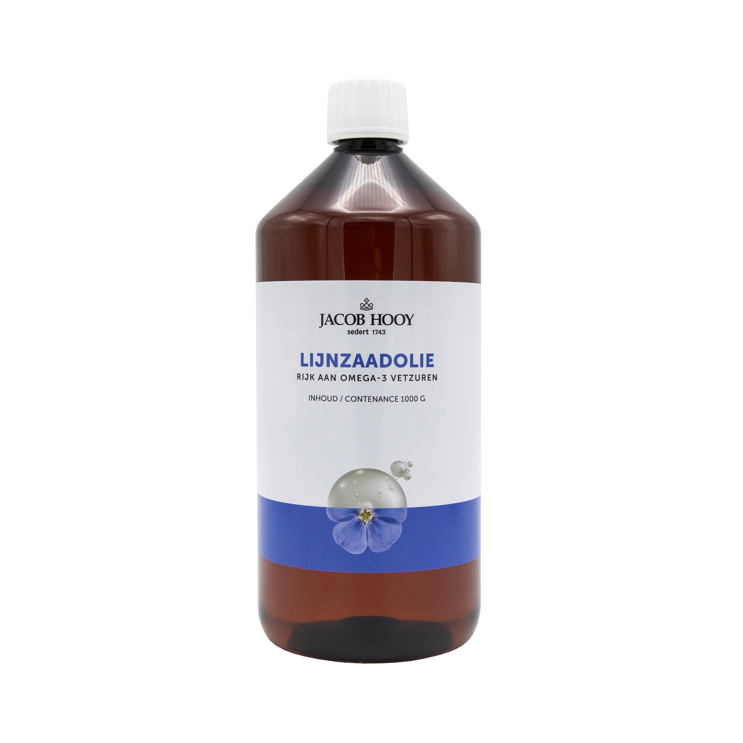 Jacob Hooy cold-pressed linseed oil in a 1-liter bottle, rich in healthy fatty acids, used for internal health and nutritional purposes.