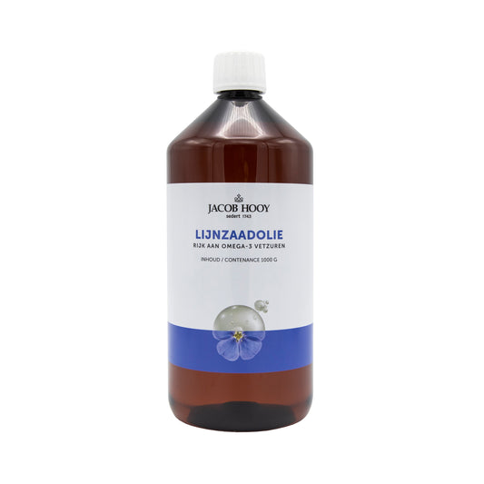 Jacob Hooy cold-pressed linseed oil in a 1-liter bottle, rich in healthy fatty acids, used for internal health and nutritional purposes.