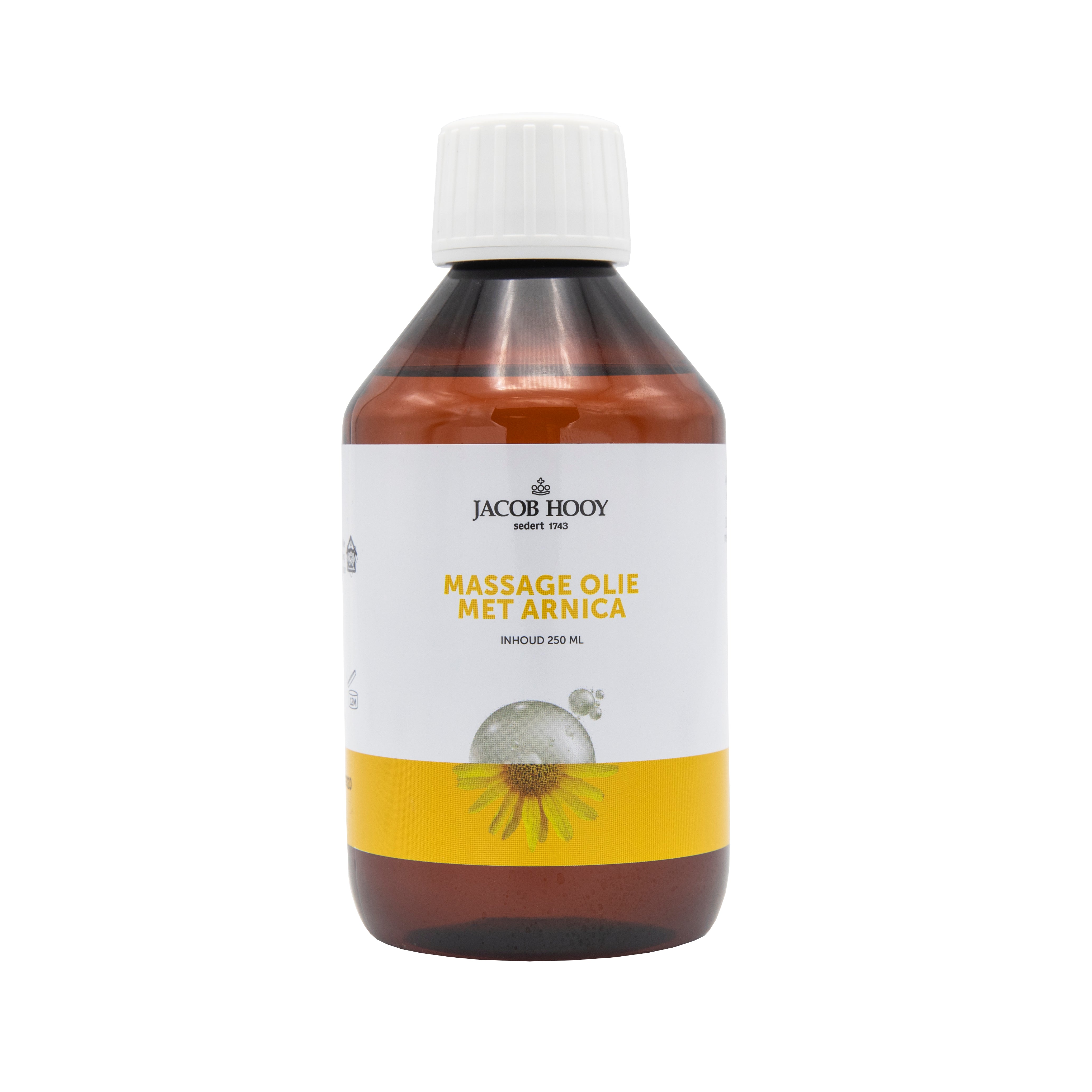 Jacob Hooy Arnica massage oil in 250ml bottle, natural body care product for soothing massages with arnica extract.