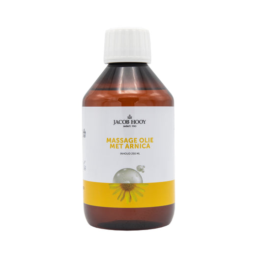 Jacob Hooy Arnica massage oil in 250ml bottle, natural body care product for soothing massages with arnica extract.