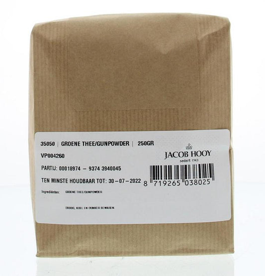 Jacob Hooy green gunpowder tea in a 250g package, showcasing vibrant tea leaves for brewing green tea.