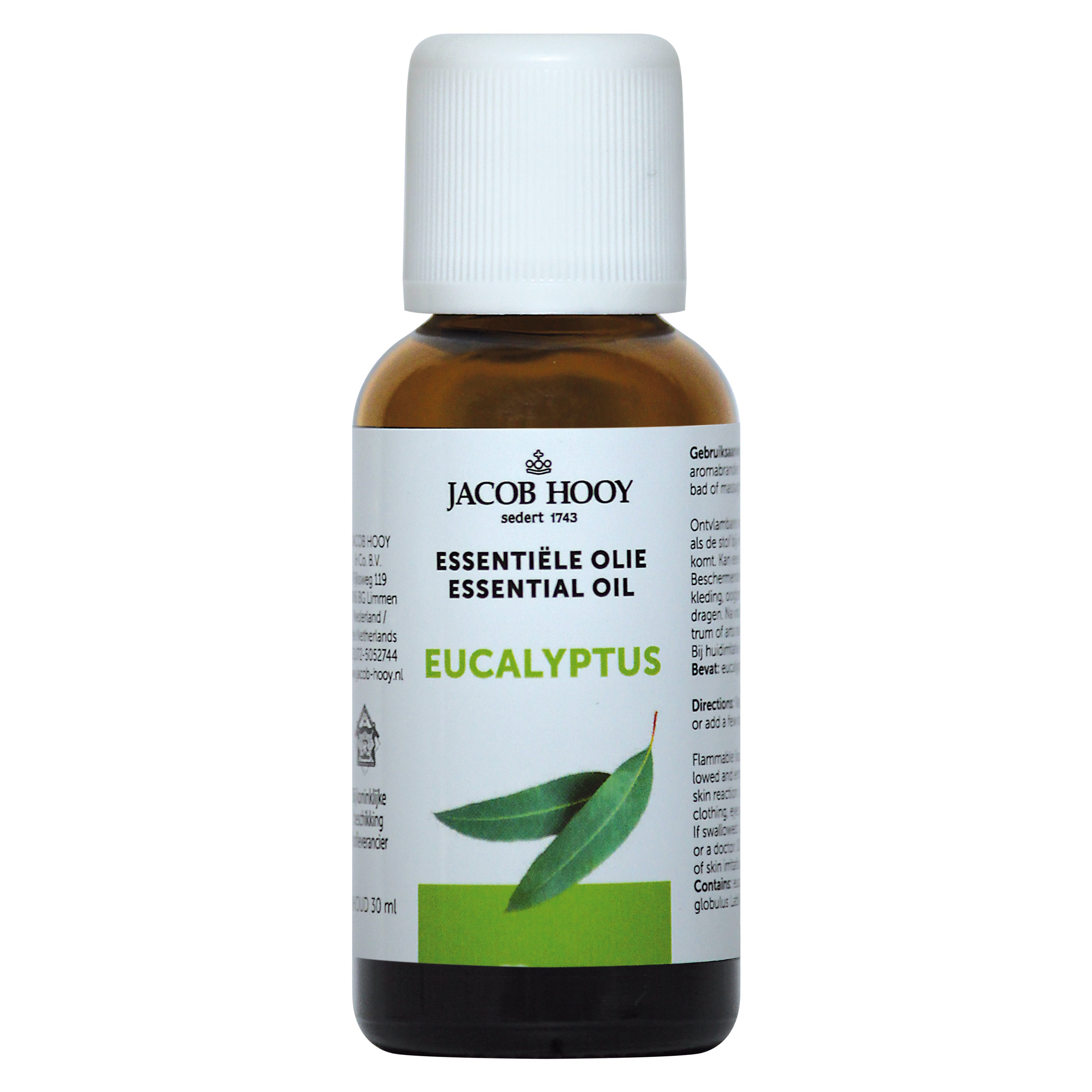 Jacob Hooy eucalyptus essential oil in a 30ml bottle, showcasing clear glass with a white label and silver cap.