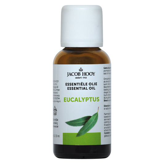 Jacob Hooy eucalyptus essential oil in a 30ml bottle, showcasing clear glass with a white label and silver cap.