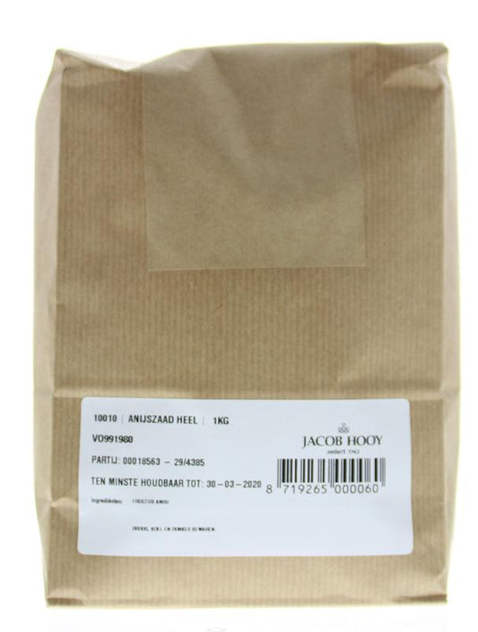 Jacob Hooy Anijszaad heel in 1kg bag, a herbal spice used in cooking and baking, displayed in a clear container.