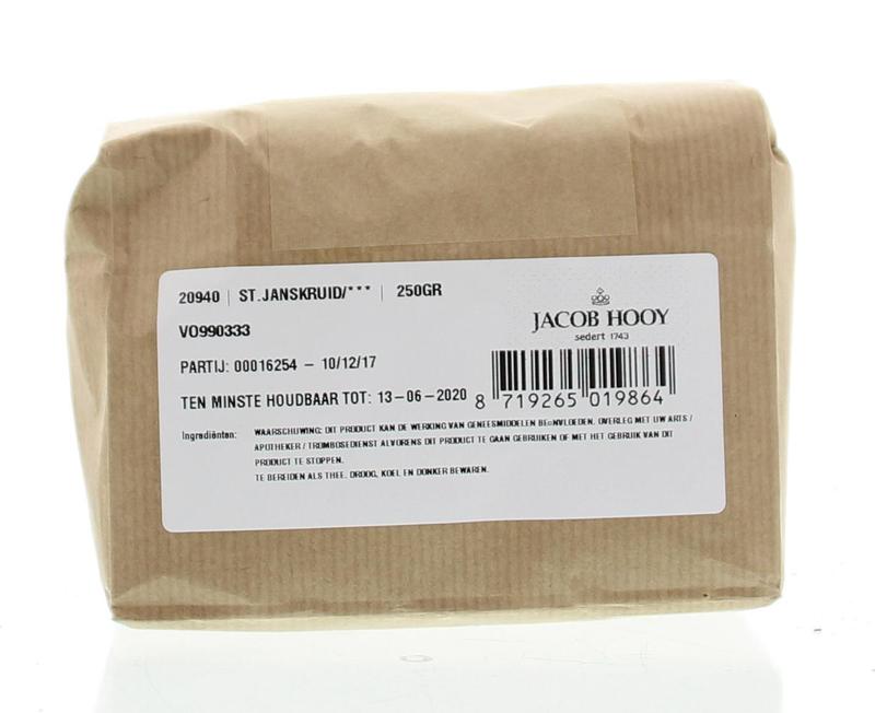 Jar of Jacob Hooy Sint Janskruid herbal powder, 250 grams, shown in a clear glass jar with a label, on a neutral background.