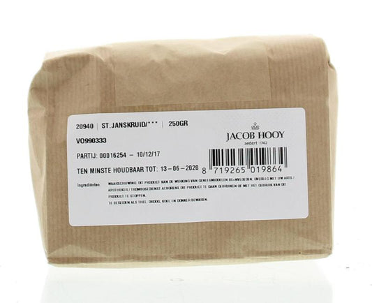 Jar of Jacob Hooy Sint Janskruid herbal powder, 250 grams, shown in a clear glass jar with a label, on a neutral background.