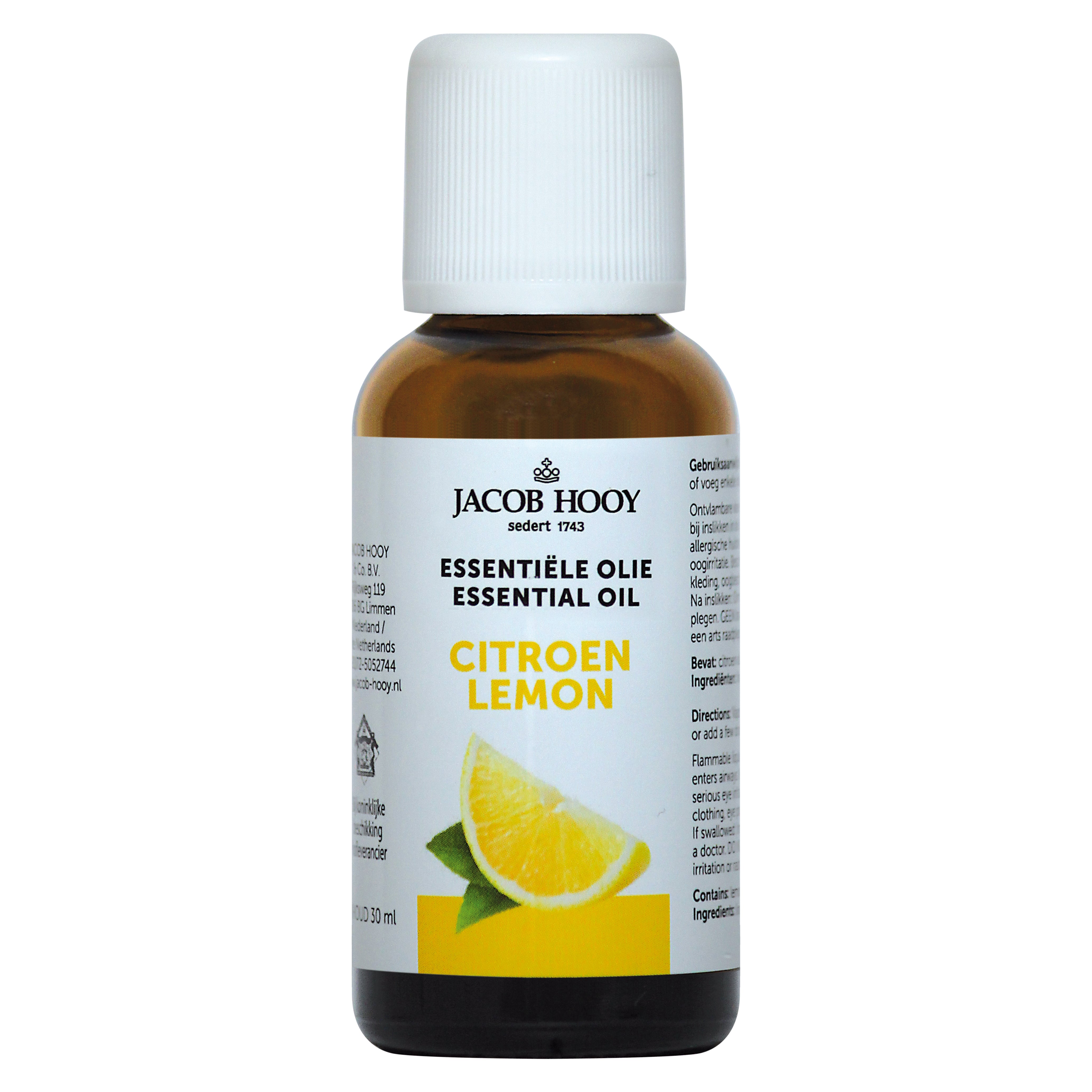 Jacob Hooy Citroen etherische olie in 30ml bottle with fresh lemon scent and yellow citrus fruits.