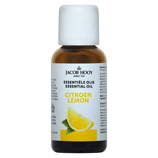 Jacob Hooy Citroen etherische olie in 30ml bottle with fresh lemon scent and yellow citrus fruits.