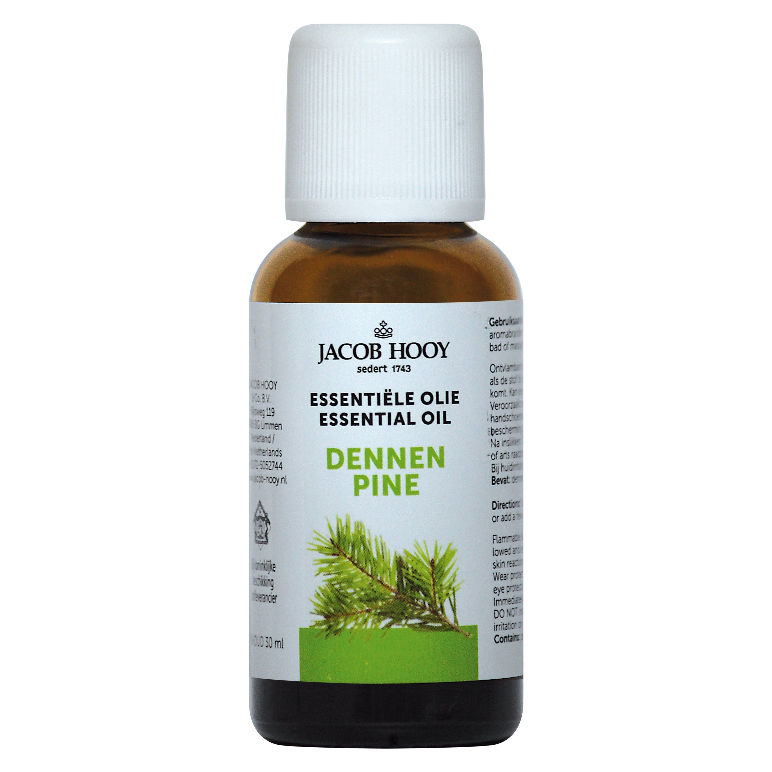Bottle of Jacob Hooy Dennen olie, 30ml, natural pine essential oil in a clear glass vial with label and dropper cap.