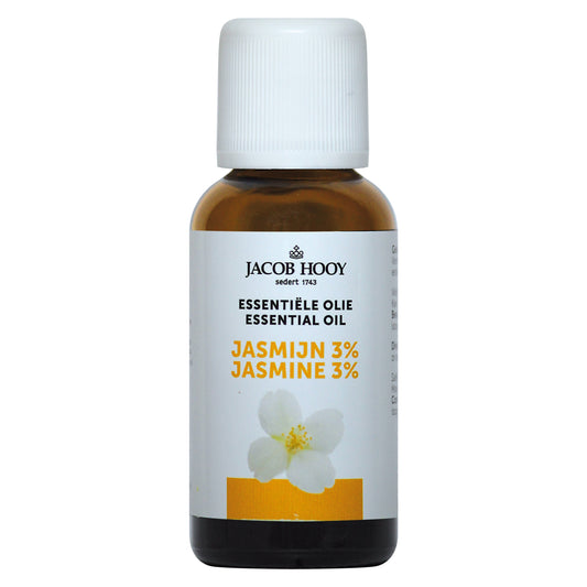 Jacob Hooy jasmine essential oil bottle with 30ml capacity, showcasing the clear glass container and label.